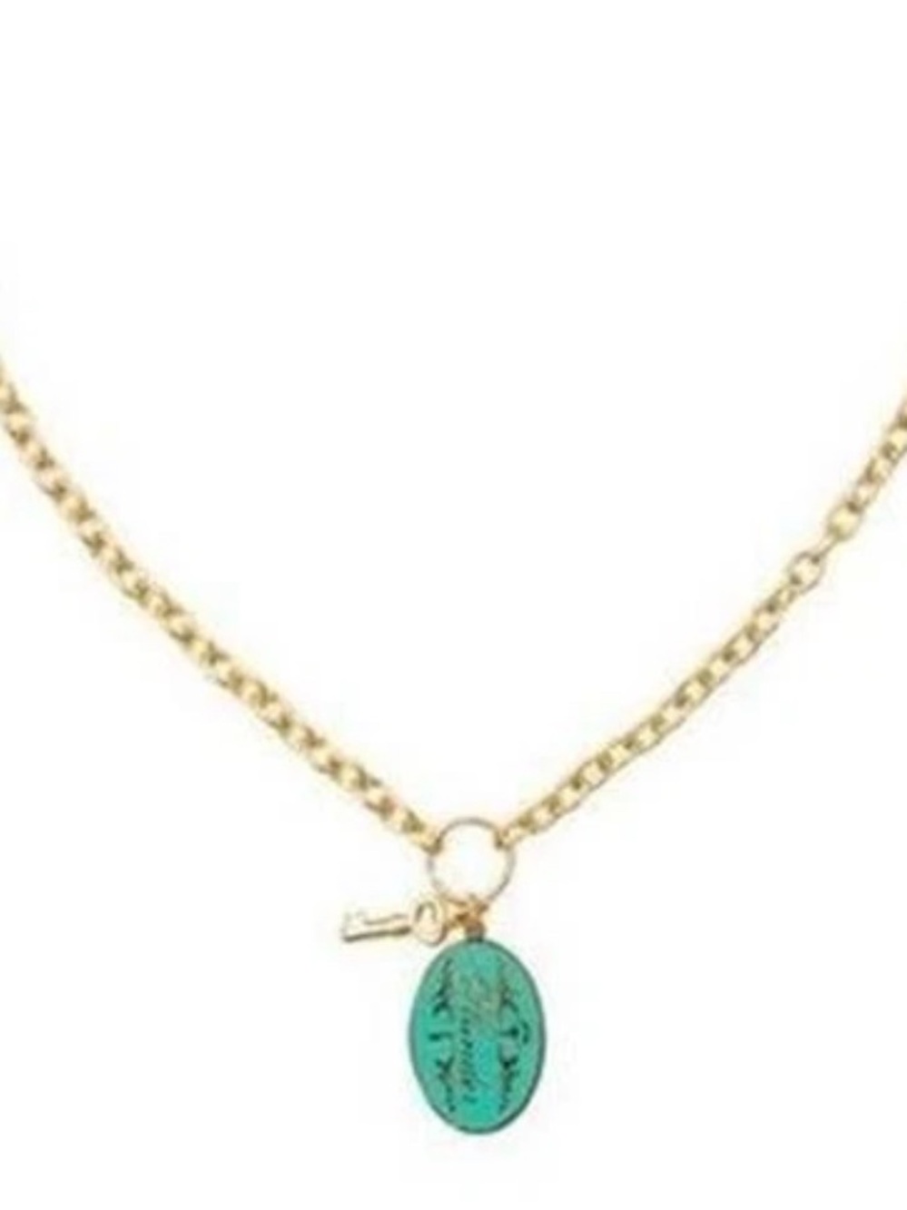 Plunder Gold-Tone Necklace with Turquoise -Green Oval and Tiny Key